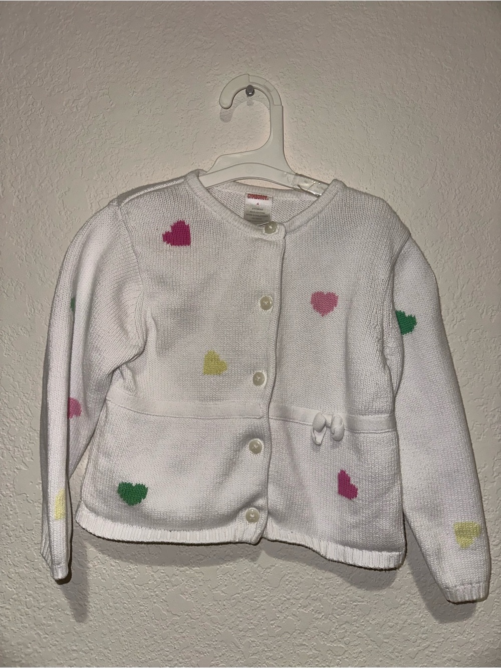 2005 Gymboree White Heart Knit Cardigan with Pink, Green & Yellow Hearts